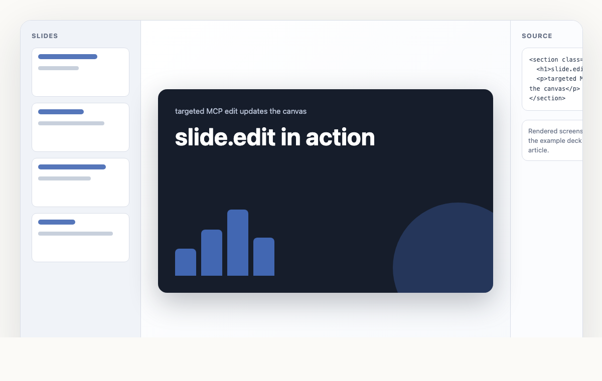 Claude Code applies a slide.edit call and the Variant canvas updates